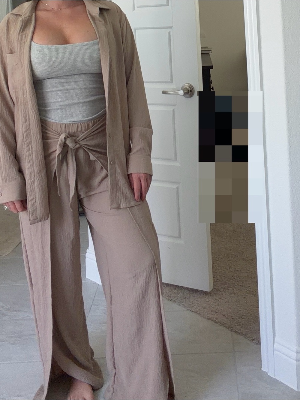 P’tula Women's Neutral Tie-Waist Wide-Leg Pants and Button up top.